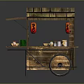 Wooden Food Cart With Red Lanterns Bowls Jars And Daily Living Items