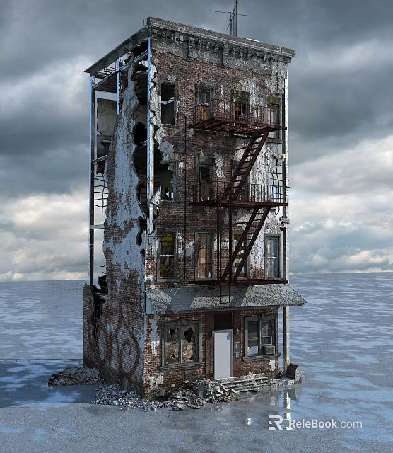 Dilapidated Building With Damaged Brick Walls Rusted Fire Escape And Broken Windows Under Gray Sky 3d model 