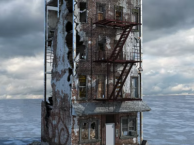 Dilapidated Building With Damaged Brick Walls Rusted Fire Escape And Broken Windows Under Gray Sky 3d model