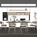 Modern Kitchen Interior With Dining Table Chairs Cabinets And Pendant Lights 3d model