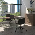 Modern Office Desk Setup With Laptop Desk Lamp Cabinet And City View Greenery Natural Light