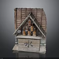 Traditional Wooden Water Pavilion With Tiled Roof And Wooden Buckets On Counter
