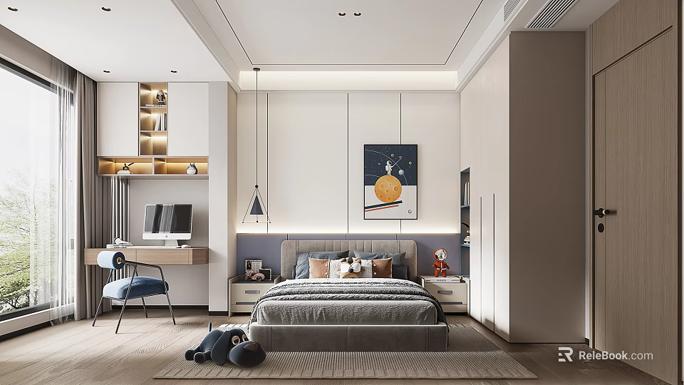 Modern Kids Room Interior With Bed Desk Decorative Painting Storage Cabinet And Toys 3d model 