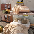 Cozy Double Bed Bedroom Interior With Pillows Blanket Dresser Nightstand And Framed