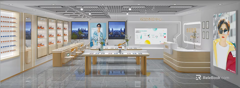 Modern Video Experience Store Interior With Display Tables Large Screens And Electronic Devices 3d model