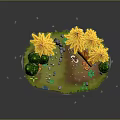3D Floating Island Landscape With Green Pine Trees Yellow Trees Small Stream And Wooden Bridge