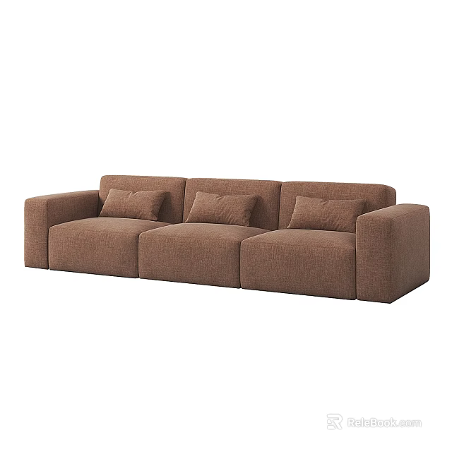 Brown Three Seater Fabric Sofa With Three Cushions Modern Minimalist Design 3d model
