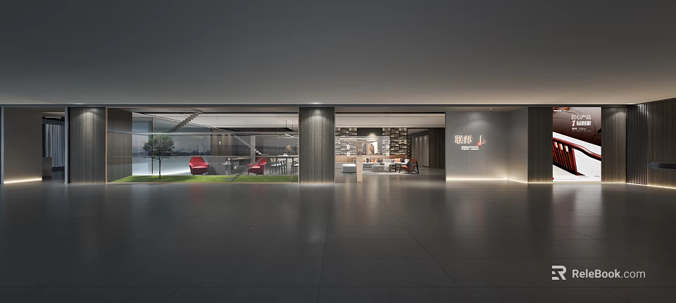 Modern Lobby Interior Space With Glass Curtain Wall Red Seats Greenery And Lighting 3d model 