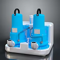 Blue Cylindrical Pump Apparatus With Two Units Black Handles White Base And Silver Connectors