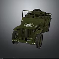 Vintage Green Military Jeep with Open Top White Logo and Large Off Road Tires