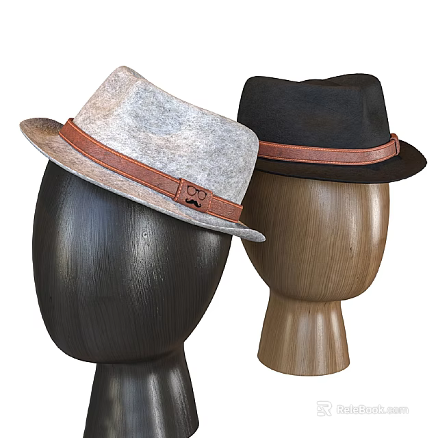 Mannequins Wearing Stylish Gray And Black Hats With Brown Leather Bands 3d model 
