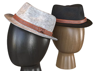 Mannequins Wearing Stylish Gray And Black Hats With Brown Leather Bands 3d model