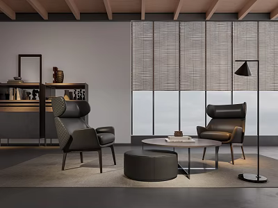 Modern Lounge Room Interior Design With Black Chairs Round Coffee Table And Floor Lamp 3d model
