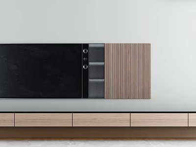 Modern TV Background Wall Design With Black Panel Wood Grain And Vertical Stripes 3d model