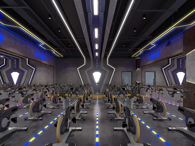 Modern Fitness Gym Interior With Well Arranged Spin Bikes And Bright Lighting Design 3d model