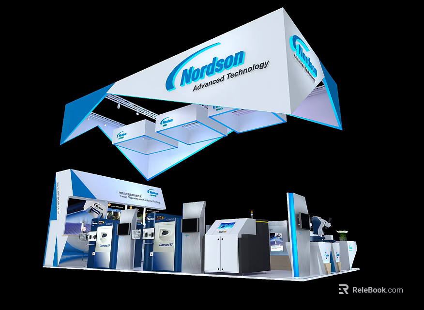 Nordson Advanced Technology Modern Exhibition Booth With Blue White Design And Equipment 3d model 