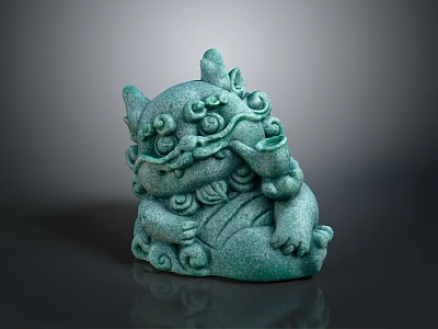 Chinese Mythical Beast Green Stone Sculpture With Intricate Curled Mane And Patterns 3d model