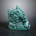 Chinese Mythical Beast Green Stone Sculpture With Intricate Curled Mane And Patterns