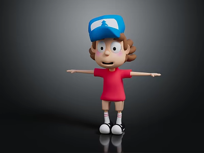 3D Cartoon Character In Blue Cap Red T-Shirt With Brown Curly Hair And Outstretched Arms 3d model