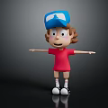 3D Cartoon Character In Blue Cap Red T-Shirt With Brown Curly Hair And Outstretched Arms