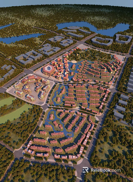 Aerial View Planning of Residential District With Water Features Green Spaces And Road Layout 3d model 