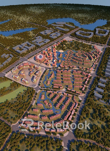 Residential bird's-eye view at dusk model