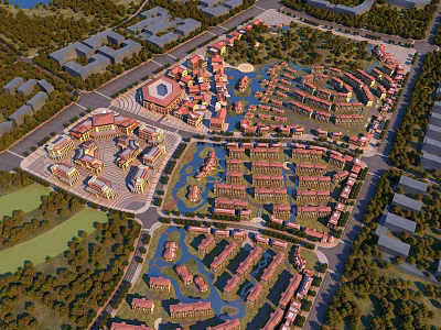 Aerial View Planning of Residential District With Water Features Green Spaces And Road Layout 3d model
