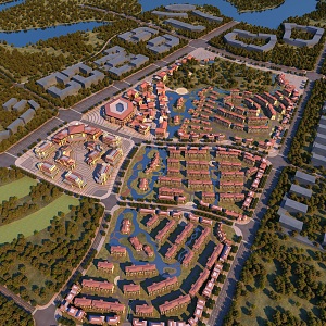 Residential bird's-eye view at dusk 3d model