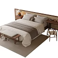 Double Bed with Wooden Headboard Pillows Bedding Table Lamp Bench and Chair in Cozy Bedroom