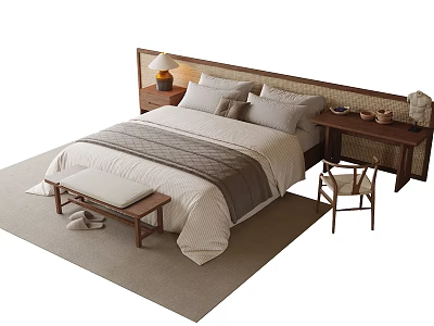 Double Bed with Wooden Headboard Pillows Bedding Table Lamp Bench and Chair in Cozy Bedroom 3d model