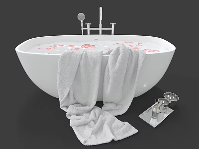 Elegant White Bathtub Filled With Rose Petals Soft Towels And Glassware On Tray 3d model