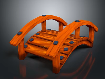 Wooden Arch Bridge Model With Planks And Black Decorative Blocks For Garden Scene 3d model