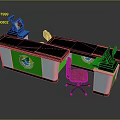Green And White Reception Desk With Logo Computer Monitor And Orange Chair