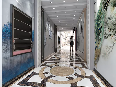 Modern Elevator Hallway With Marble Floor Pattern Decorative Paintings And Ceiling Lights 3d model