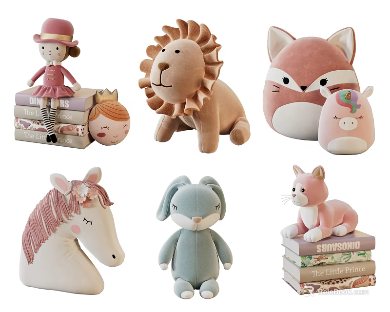Adorable Plush Stuffed Toys Featuring Girl Doll Lion Fox Unicorn Horse Rabbit Cat With Books 3d model 