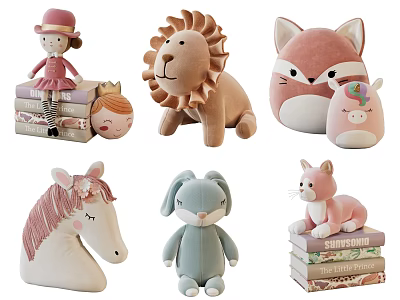Adorable Plush Stuffed Toys Featuring Girl Doll Lion Fox Unicorn Horse Rabbit Cat With Books 3d model