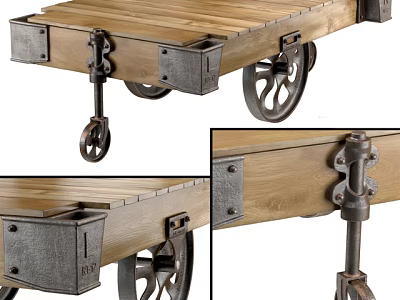 Vintage Industrial Wooden Tea Cart Featuring Metal Accents And Decorative Wheels 3d model