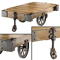 Vintage Industrial Wooden Tea Cart Featuring Metal Accents And Decorative Wheels