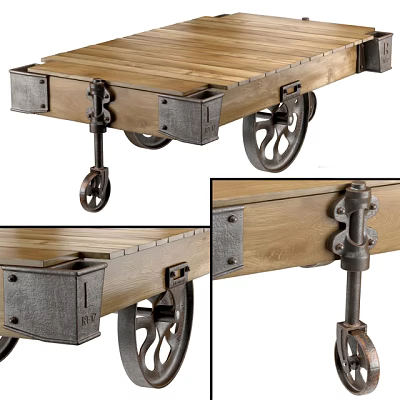Vintage Industrial Wooden Tea Cart Featuring Metal Accents And Decorative Wheels 3d model
