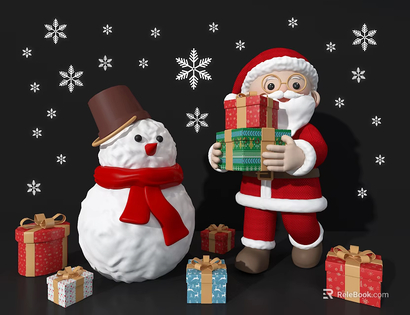 Festive Christmas Window Display with Santa Claus Snowman Gift Boxes and Snowflakes 3d model 