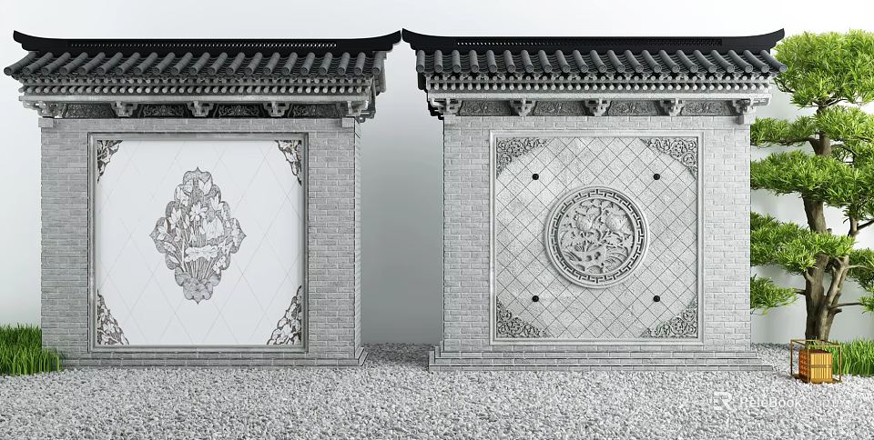 Traditional Chinese Scenic Wall With Symmetric Brick Design Tile Roof And Decorative Patterns 3d model 