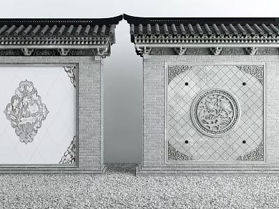 Traditional Chinese Scenic Wall With Symmetric Brick Design Tile Roof And Decorative Patterns 3d model