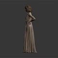 Woman In Long Beige Dress Standing Elegantly With Gray Background And Reflective Floor