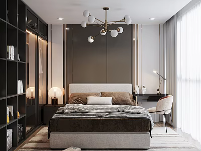 Modern Bedroom Interior Design With Black Bookshelf Brown Beige Bed Chandelier And Desk Chair 3d model