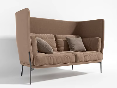 Brown Upholstered Double Sofa with Wingback Design Cushions and Black Metal Legs 3d model