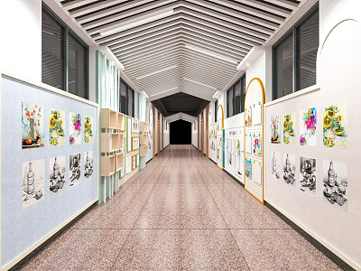 School Corridor Interior With Student Artworks On Walls Display Shelves And Lighting 3d model