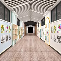 School Corridor Interior With Student Artworks On Walls Display Shelves And Lighting