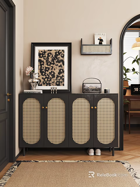Stylish Black Rattan Panel Shoe Cabinet With Gold Handles And Decorative Items 3d model 