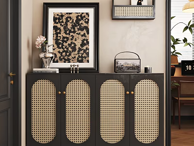 Stylish Black Rattan Panel Shoe Cabinet With Gold Handles And Decorative Items 3d model
