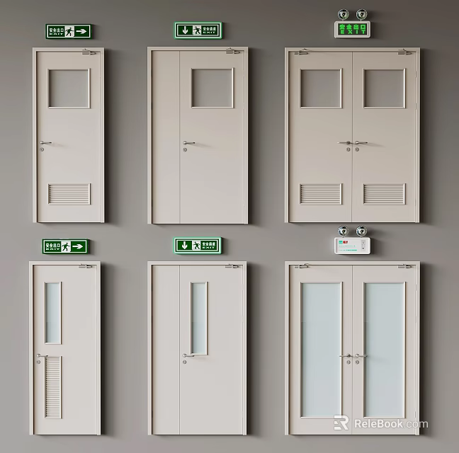 Various Interior Door Designs With Glass Panels Ventilation Grilles And Indicator Signs 3d model 